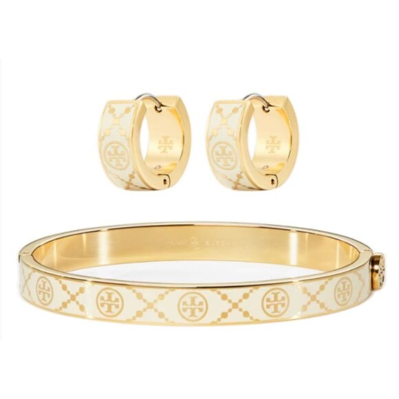 Tory Burch T-Monogram Bangle Bracelet & Huggie Earring Set - Picture 2 of 7
